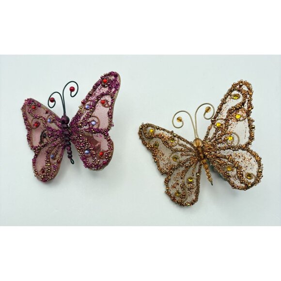 Vintage Beaded Butterfly Christmas Tree Ornaments Clip On Set Of 2 Purple Orange - Picture 7 of 7